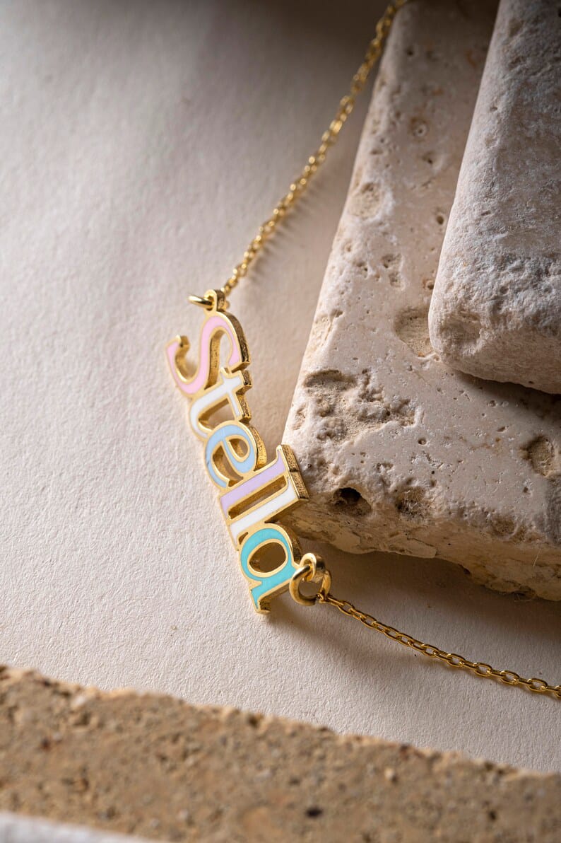 Multi-Color Name Necklace with Gold Tone Outline | Custom Jewelry UAE