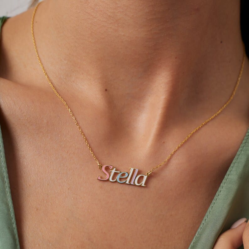 Multi-Color Name Necklace with Gold Tone Outline | Custom Jewelry UAE