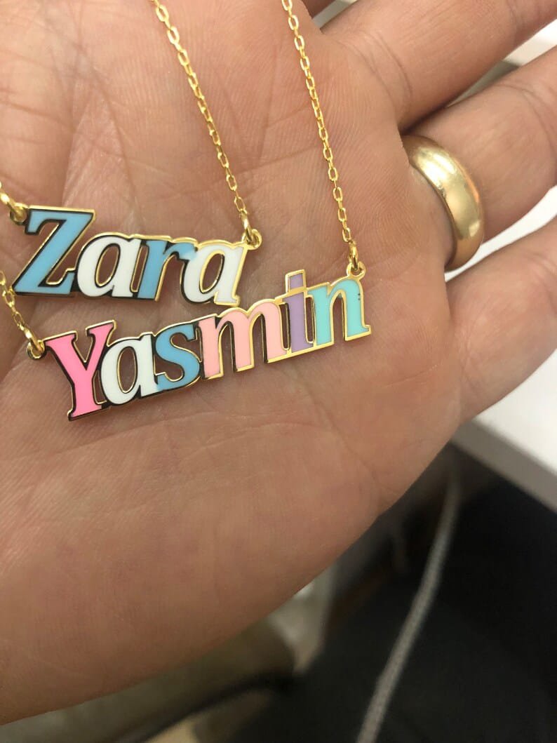 Multi-Color Name Necklace with Gold Tone Outline | Custom Jewelry UAE
