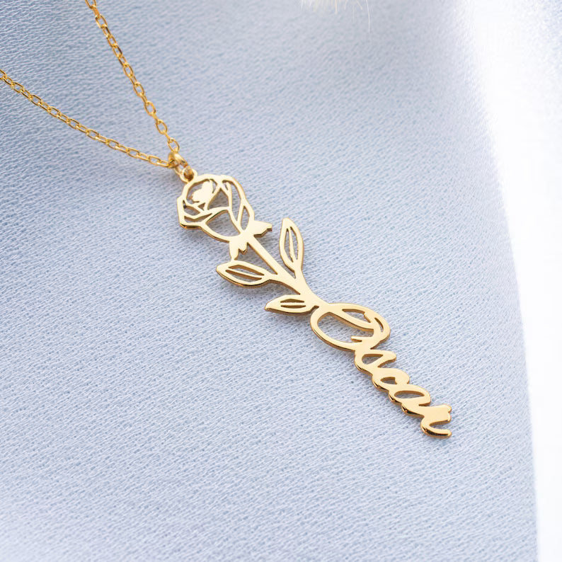 Personalized Birth Flower Name Necklace